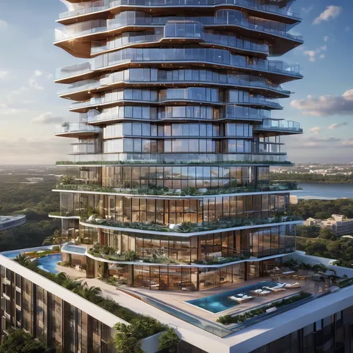 Two 14 stories, solor glass, renewable energies,  triangular outer buildings, one separate 14 stories octagonal center building, three pools, one rooftop deck pool, balconies on one building,,resident