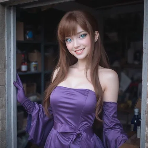 A stunning mage in her thirties, with an adventurous spirit, long chestnut hair, and blue eyes, surprises us in her small garage.

She's wearing a strapless purple mage's dress. She is smiling.,an asi