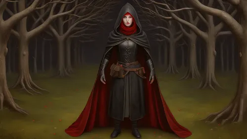 half elven female thief in black and crimson leather ((highly detailed)) and cloth armor, with a hooded cloak, with red hair and solid red eyes.
,red riding hood,little red riding hood,red coat,red ca