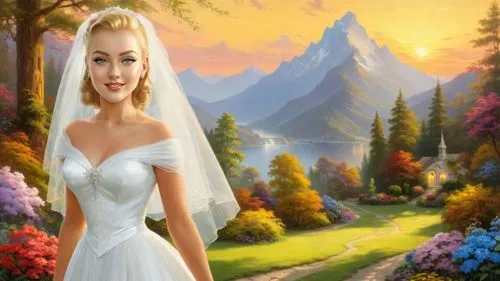 Romantic masterpiece oil painting, 1950's kitsch style, mountain garden sunset, bridal veil, high res, by Thomas Kinkade, by Bob Ross,a woman is dressed up in a wedding dress,fantasy picture,blonde in