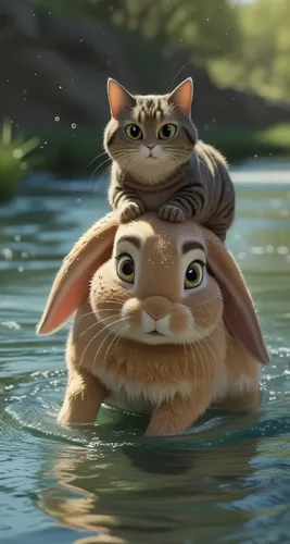 a cat sitting on top of a stuffed animal in the water,lilo,chipmunks,grumblers,cute animals,raft,two cats