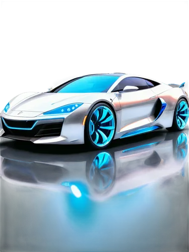 High-tech futuristic car, sleek design, metallic silver body, glowing blue headlights, angular lines, sports car wheels, shiny rims, luxurious interior, leather seats, advanced computer system, hologr