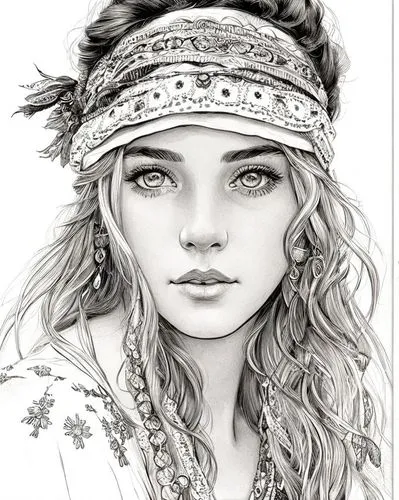 white background, boho girl ,boho art,girl drawing,girl portrait,girl wearing hat,boho,pencil art,pencil drawings,bohemian,mystical portrait of a girl,headdress,fantasy portrait,pencil drawing,feather
