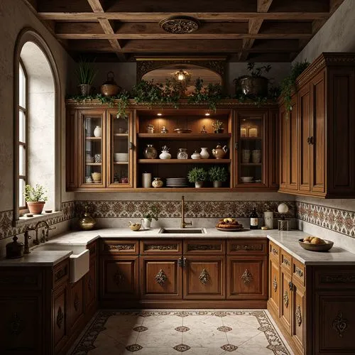Ornate pantry, Renaissance-style cabinetry, intricately carved wooden decorations, gilded accents, ornamental metalwork, luxurious marble countertops, rich wood tones, antique bronze hardware, elegant