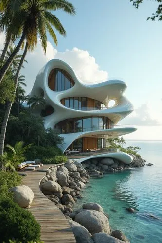Stunning futuristic biophilic house, organic twisting biomimetic fractal architecture, designed by Frank Lloyd Wright and Zaha Hadid and Frank Gehry, beside the beach, tropical environment,a house on