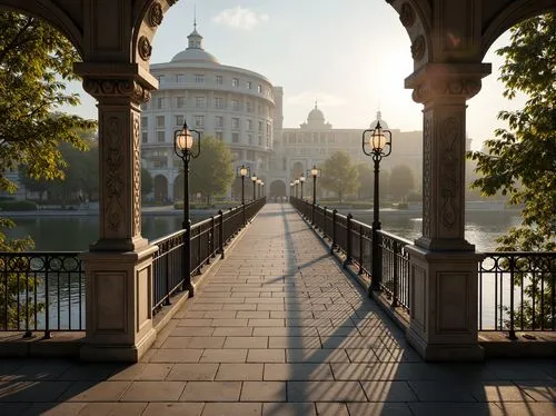 Elegant pedestrian bridge, ornate iron railings, classicism-inspired arches, refined stone pillars, intricate carvings, ornamental lanterns, soft warm lighting, misty morning atmosphere, serene river 
