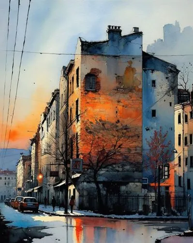 Город на закате, тени,a painting of a city street filled with traffic,watercolor,urban landscape,tanneries,city scape,watercolor painting,watercolor shops