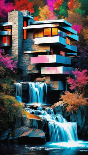 3D rendering of Falling Water House. Edited in Photoshop.,japanese architecture,futuristic architecture,futuristic landscape,asian architecture,modern architecture,aqua studio,kyoto,contemporary,water