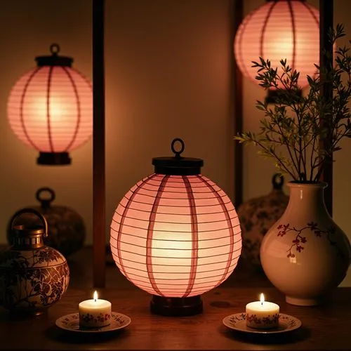 Traditional Japanese lanterns, paper lanterns in soft pink hues, warm candlelight, delicate metalwork, intricately designed wooden fixtures, hand-painted ceramic accents, natural linen shades, subtle 