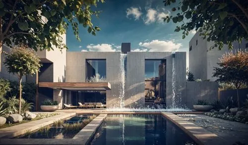 street garden  falling water pool landscape citycenter people nordic wood glass concrete warm natural 
,a big house with a large waterfall next to it,render,pool house,dunes house,renders,aqua studio,