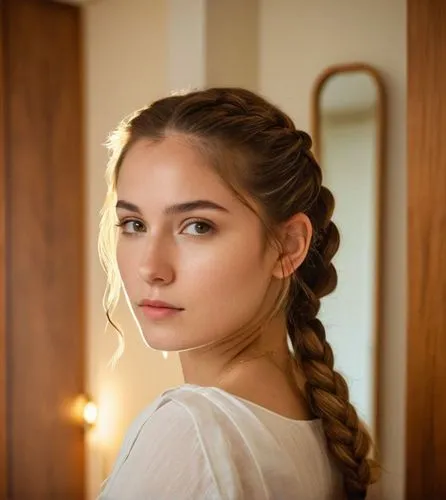 A portrait of a beautiful caucasian young woman with long brown hair and a braid, 21 years old, dressed in a white minidress with neckline, standing on her back with her head tilted backward, gazing o