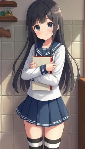 Image is a portrait-style photograph featuring a young woman standing indoors. She has long black hair and a fair complexion, with a friendly smile. She is wearing a white sailor-style blouse with a b
