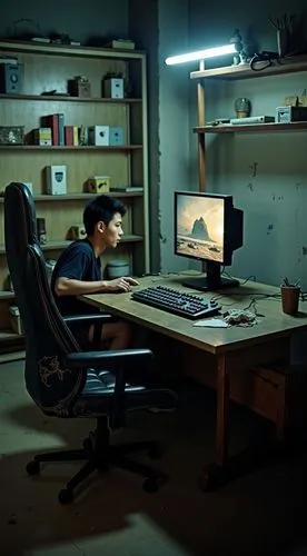 A dimly lit, run-down gaming setup in a neglected Taiwanese room. The young Asian man sits in front of two monitors on a scratched, worn-out wooden desk, surrounded by peeling, stained concrete walls.