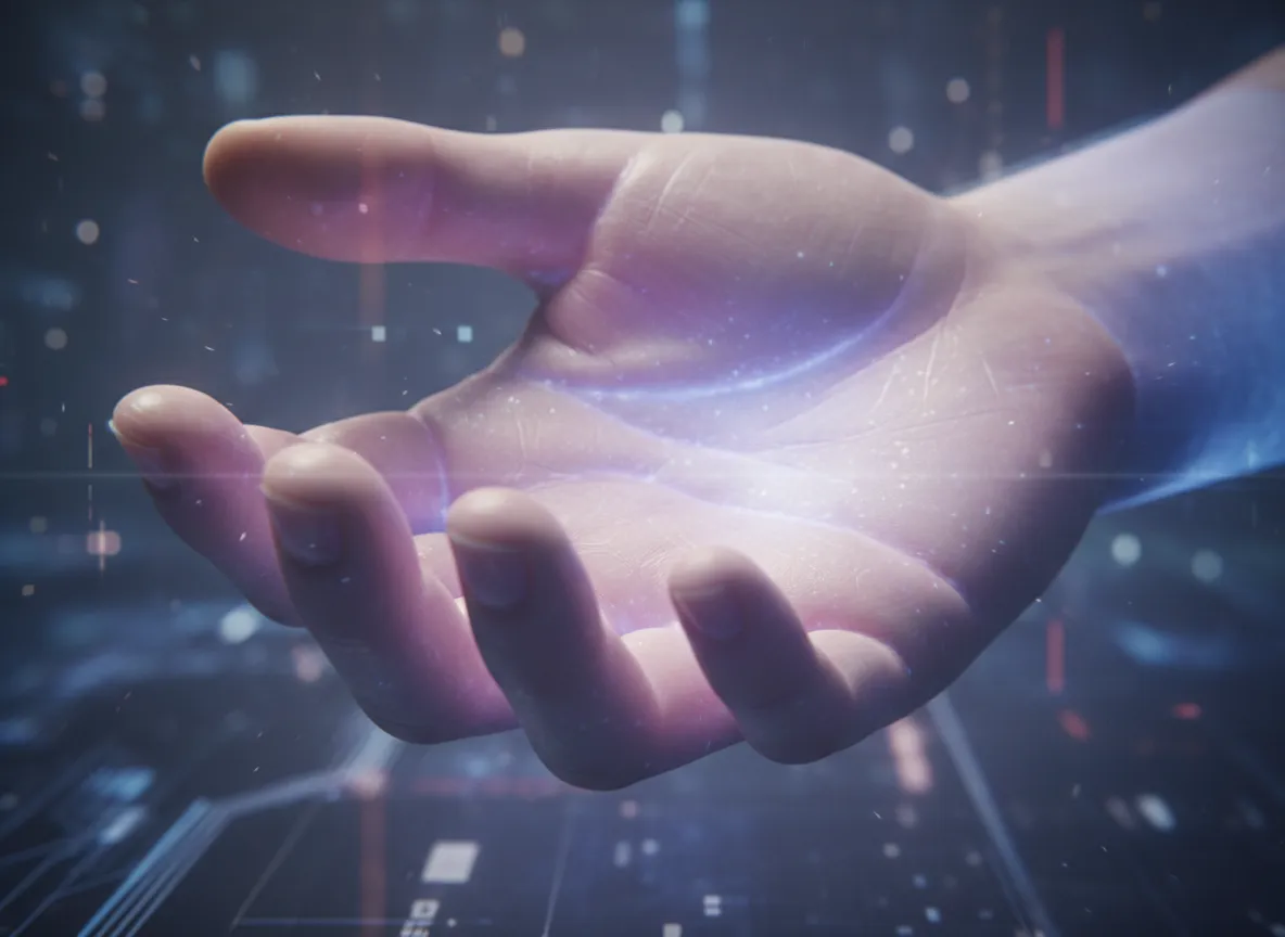 एक AI-जनित हाथ का क्लोज-अप शॉट जो एक यथार्थवादी त्वचा बनावट AI को नरम, आंतरिक चमक प्रभाव के साथ दिखाता है।