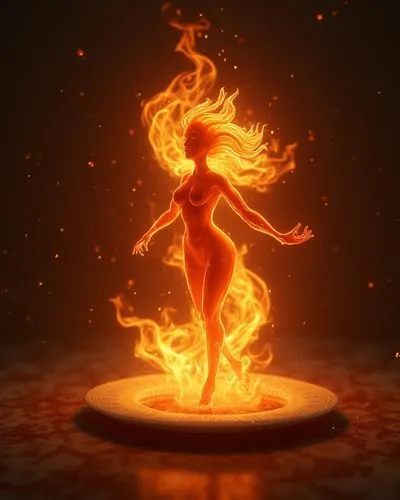 Fast movement. Create an animation where a fiery female figure, sculpted entirely of flames, stands gracefully on a plate in a warm, dimly lit setting, she should dance around fast. The flame should d