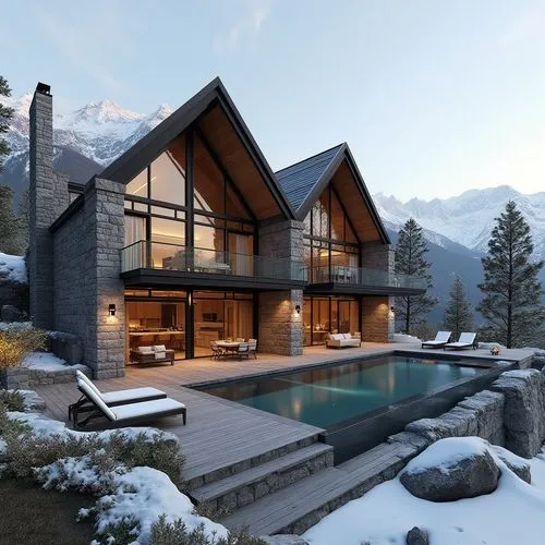 A hyper-realistic, high-resolution architectural photograph of a luxurious, alpine-style modern villa nestled in a mountainous landscape. The home features a prominent A-frame roof and is constructed 