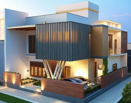 modern elevation,a modern home lit up with lights at dusk,modern house,residential house,modern architecture,exterior decoration,render,smart house,two story house,residence,smart home,interior modern