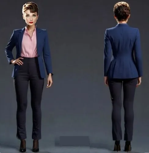 insert the blue jacket perfectly. do it in front and back view.,a woman in a pink shirt and black pants,pantsuits,pantsuit,woman in menswear,navy suit,business woman,businesswoman,business girl,lapels