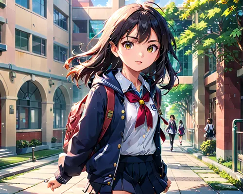 jovem estudante feminina asiática indo para a escola,azusa nakano k-on,kantai collection sailor,euphonium,anime japanese clothing,nico,schoolgirl,sakura background,school clothes,school uniform,anime 