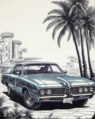 Craft a retro t-shirt design with a vintage car and palm trees.,classic car and palm trees,muscle car cartoon,ford starliner,pontiac grand prix,ford thunderbird,edsel,pontiac tempest,buick invicta,bui