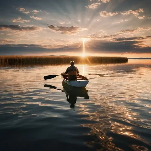 Lonely man sailing on a lake in a boat at sunset, two oars, Professional Stock Photography, Award Winning Stock Photography --ar 9:16 --s 50 --style raw --v 5.2,man paddling his canoe through the wate