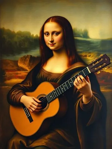 Mona Lisa playing guitar,bouzouki,woman playing,ukulele,balalaika,serenade,classical guitar,guitar,troubadour,mandolin,ukelele,virtuoso,strumming,guitar player,mandolin mediator,acoustic guitar,playin