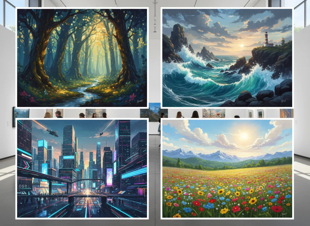 पेंटरली एनीमे शैली में चार विविध परिदृश्यों की एक गैलरी, जिसमें एक जंगल, एक समुद्र तट, एक शहर और फूलों का एक मैदान दिखाया गया है।