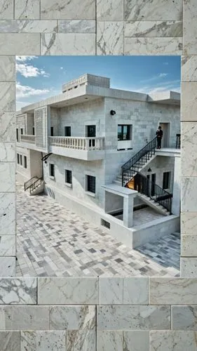  *A modern residential building facade featuring traditional white marble stone masonry with fine textures. The windows have sleek black stone frames surrounding the glass windows as shown in the refe