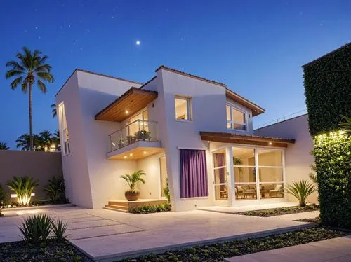 A photo-realistic rendering of a modern two-story house at night, showcasing a contemporary design with a blend of contemporary and contemporary elements. the house is located in a suburban area, with