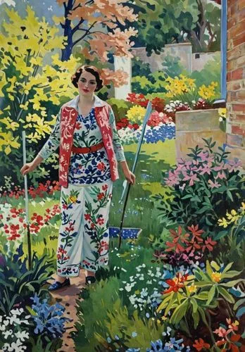 женщина в саду в стиле Матисса,a painting of a woman standing in front of flowers,girl picking flowers,girl in the garden,girl in flowers,work in the garden,landscaper,gardener,gardeners,flower painti