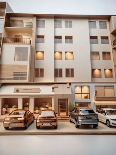 an illustration of the car parking in front of a el,prefab,penthouses,prefabricated,prefabs,apartments,prefabricated buildings