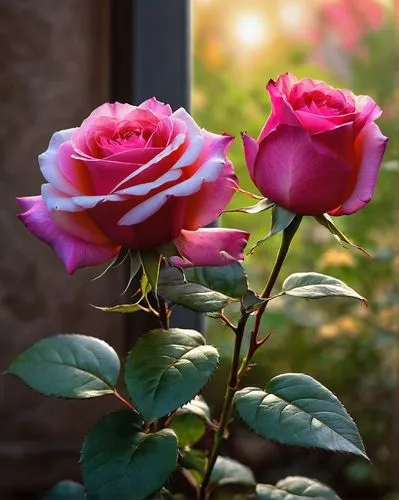 One rose is bright, reddish pink, in full bloom, with many visible petals, the other rose is creamy white or pale yellow, also in full bloom. The contrast in the colors of these two roses is striking.