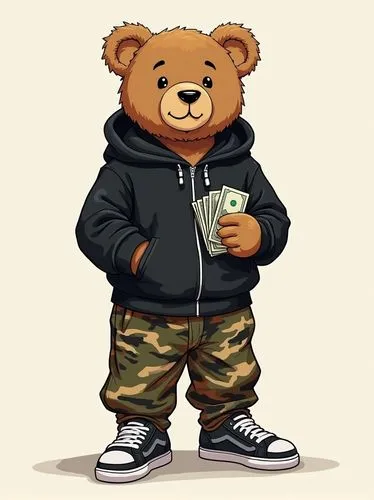 polo ralphlaurain style illustration teddy bear in modern outfit with sneakers camouflage baggy pants and black box cut hoody, stacks of money in the hands






,the small teddy bear is wearing camo 
