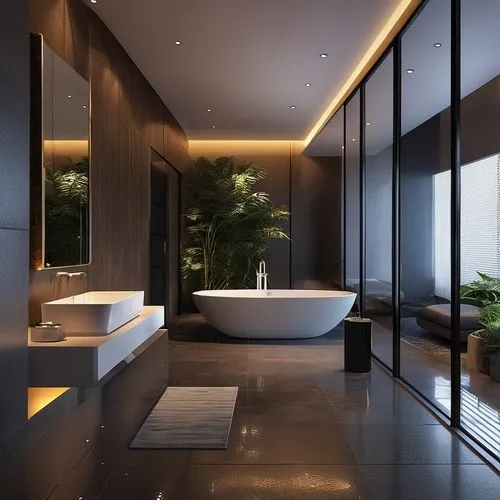 BLACK THEME INTERIOR ,HIGHLY LUXURIOUS ,ULTRA 32K REALISTIC,modern minimalist bathroom,luxury bathroom,interior modern design,luxury home interior,bathtub,bathroom,shower bar,modern decor,modern room,