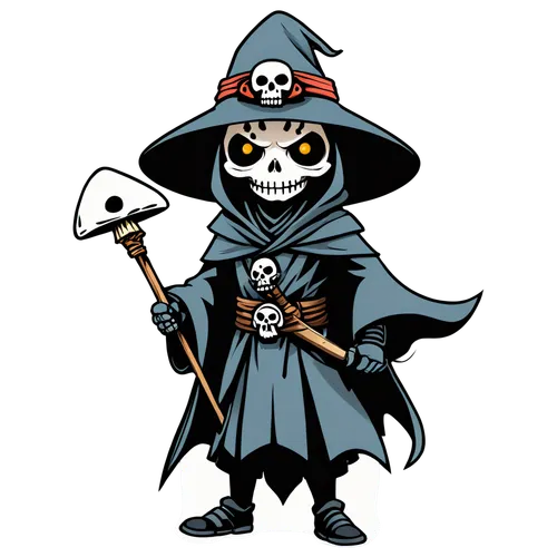 a tiny cute humanoid ronin samurai with mushroom cap hat,jolly roger,skeleltt,pirate,witch's hat icon,halloween vector character,grimm reaper,grim reaper,pirate flag,skull and crossbones,nautical bann