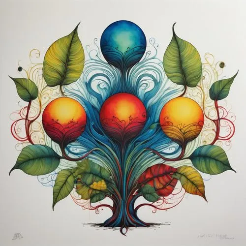 A surreal and mysterious composition drawn entirely with ink marker technique using perfect horizontal lines. Four solid gradient spheres (blue, red, green, and yellow) are grounded, each surrounded b