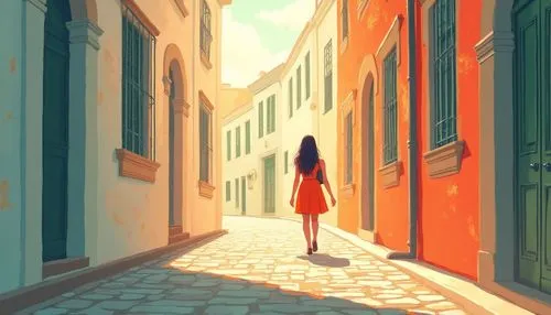 A flat, lineless digital art illustration with bold outlines and strong color blocking, utilizing vibrant reds, greens, and oranges. A solitary woman, depicted in a flowing, light-colored dress in the