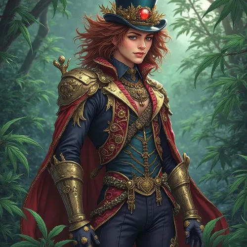 alice in wonderland shazam kazam wam bam emoji face anime male mad hatter warrior lingerie inspired gothic colonial clothing armor outfit full body marijuana leaf background
,the digital painting of a