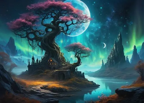 Fantasy world, mystical atmosphere, floating islands, shimmering aurora borealis, glowing mushrooms, twisted ancient trees, intricate stone ruins, delicate vines, ethereal mist, celestial bodies, cres