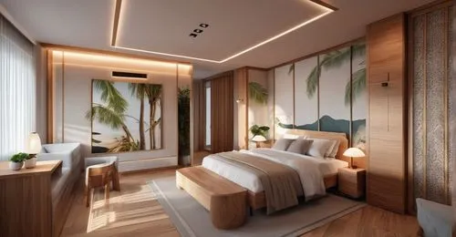 Bedroom with wallpaper and wood covering. make the SkechUp image realistic with the same colors and textures. ,modern room,3d rendering,modern decor,room divider,interior modern design,interior decora
