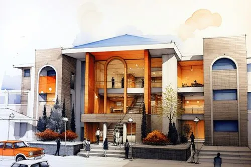 an artistic rendering of a house with cars,gurdwaras,facade painting,gurdwara,3d rendering,iranian architecture,gurudwara,islamic architectural,fpcci,renderings,persian architecture,baitul,university 