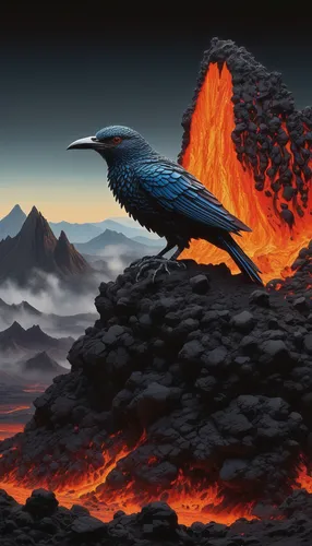 a crow perched on the edge of a rock next to the fire,volcanic eruption,eruption,lava,volcanic,volcanism,volcanic landscape,lava flow,volcanology,volcanos,volcaniclastic,volcanoes,active volcano,erupt