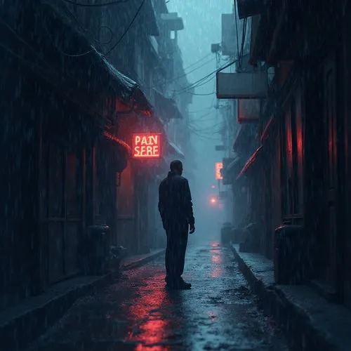 Imagine a cinematic image of a lone figure standing motionless in a narrow, rain-soaked alley bathed in holographic light. Half-hidden by shadow, his contemplative stance and subtle, resolute expressi