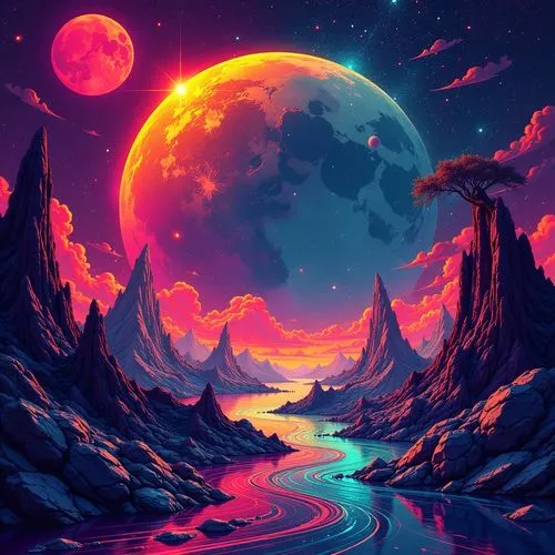 kaling,a painting depicting an alien planet over water and mountains,lunar landscape,moonscapes,moonscape,fantasy landscape,alien planet,valley of the moon,futuristic landscape,lunar,moonrise,dreamsca