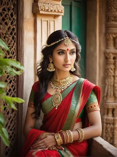 Ancient Indian princess, intricate golden jewelry, bindi on forehead, dark hair adorned with jasmine flowers, elegant red saree, golden waist belt, delicate anklet, barefoot, sitting cross-legged, anc