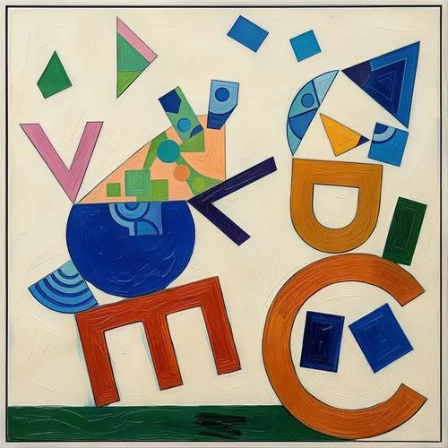 crear una pintura expresionista respetando filemente  la imagen  de la foto hacerlo en estilo geometrico tipo lecorbusier,a painting depicting letters with colorful geometric designs,cubists,maser,con