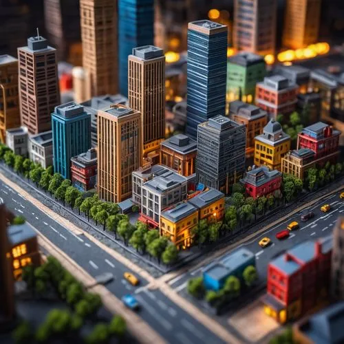 Architecture model kit, miniature building, precise details, intricate structures, various materials (wood, plastic, metal), colorful paints, realistic textures, urban landscape, cityscape, skyscraper
