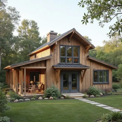 Barndominium style house,a house is on the green grass with trees in the background,timber house,new england style house,log home,forest house,summer cottage,log cabin,wooden house,beautiful home,coun