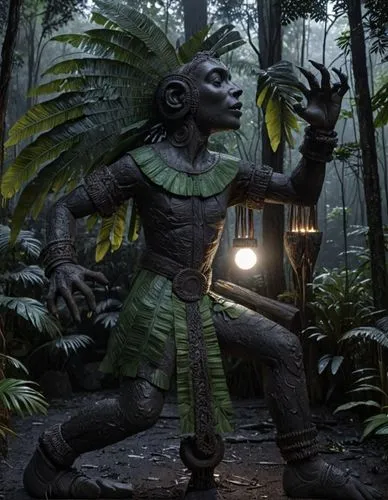 a woman in a costume holding up a lamp,forest man,pygmy,alien warrior,tree man,primitive man,shaman,guardian,giantkiller,hunter's stand,saurian,brute,visitor,tarantula,swamp,witchdoctor,green skin,the