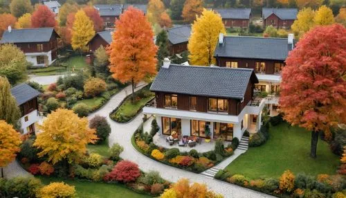 The heart of a cozy cottage is bathed in the soft glow of autumn lamps as the gentle breeze rustles the leaves. A charming scene is made of enchanting hues of red, orange, and yellow. The garden is al